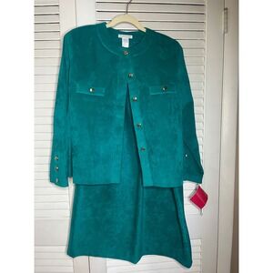 Vintage 80s HORCHOW Ultrasuede Teal Green Blazer Skirt Suit Set Size 16 NWT